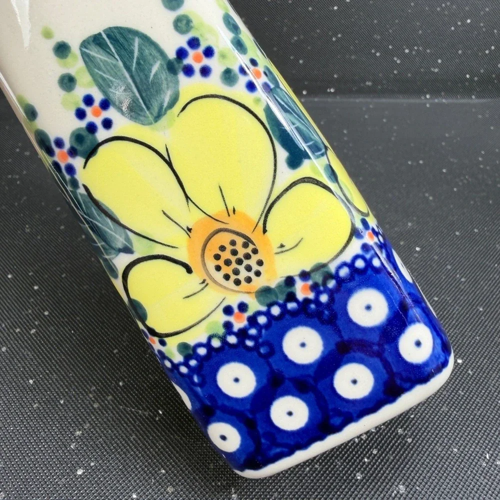 Boleslawiec Polish Pottery Bud Vase Monika J Signed Yellow Floral Blue 9.5in